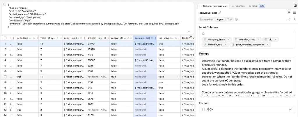 Riveter enrichment grid of YC founders, with the previous_exit agent column expanded to show a structured JSON result
